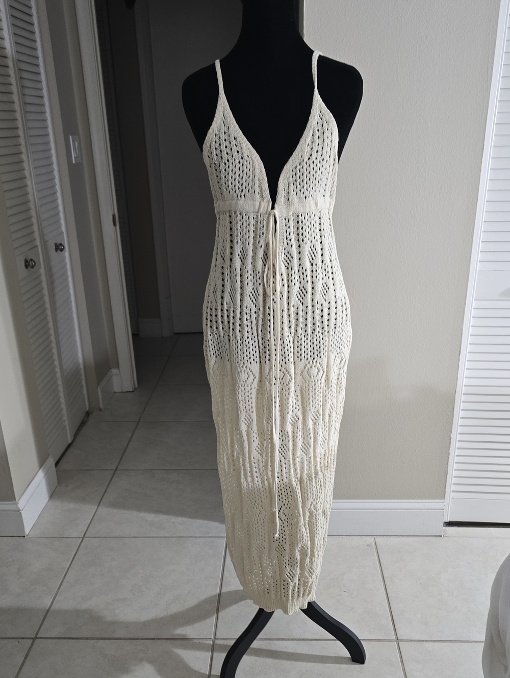Cream Crochet Maxi Dress with Spaghetti Straps